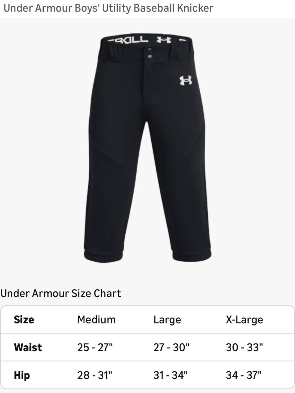 Under Armour Boys Black Baseball Knicker Shorts UA Large
